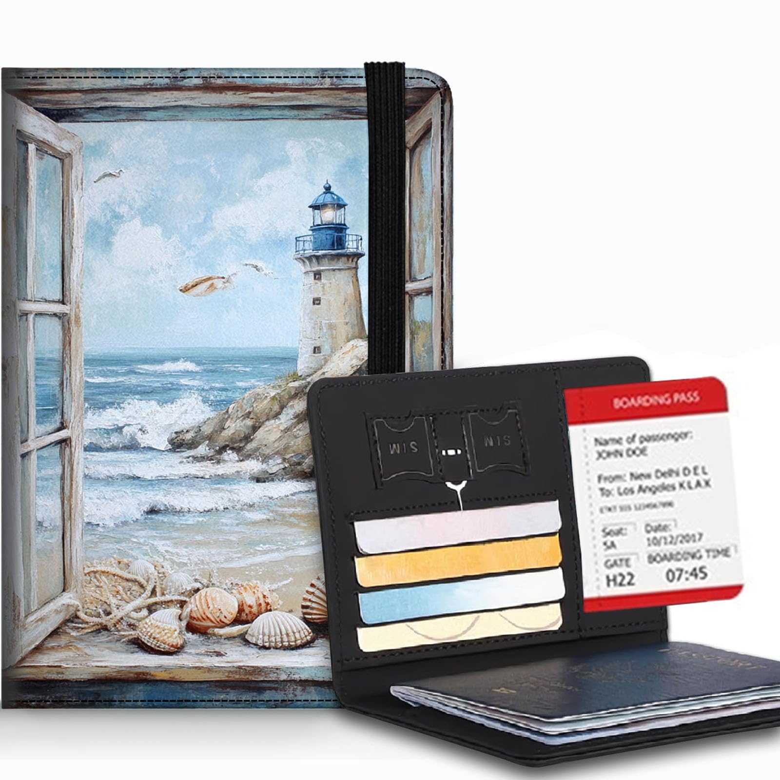 Bxgolkgd Passport Cover RFID Blocking Large Capacity Multi-Slot Travel Passport Wallet for Men Women - Seaside Lighthouse Scenery