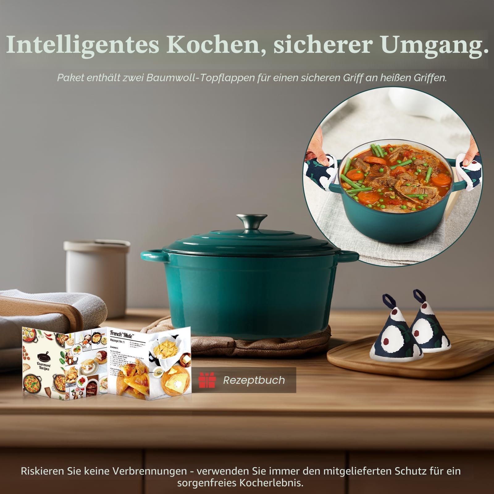 Overmont Bräter emaille Gusseisen Topf - Schmortopf 26cm backofengeeignet - mit Deckel und Kochbuch - für Küche Backen Schmoren Braten Seeblau – Bild 6