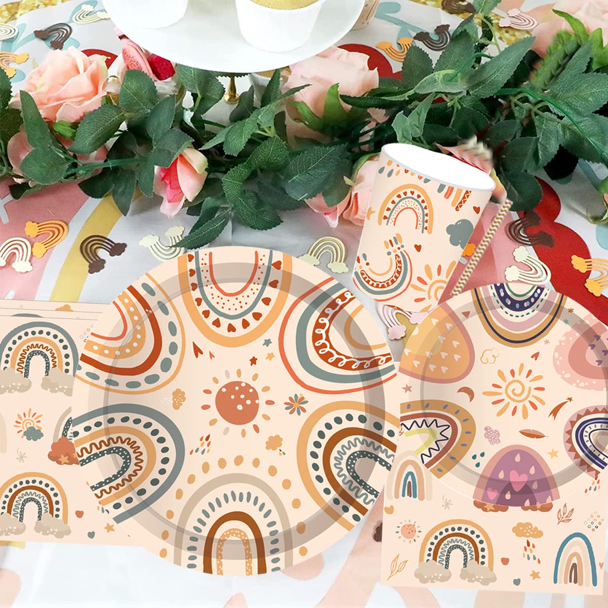 Boho tęczowy zestaw naczyń dla 8 gości, 70 sztuk stabilnych talerzy imprezowych, kubków, serwetek, słomek i obrusów, szybkie czyszczenie, na karnawał i uroczystości świąteczne