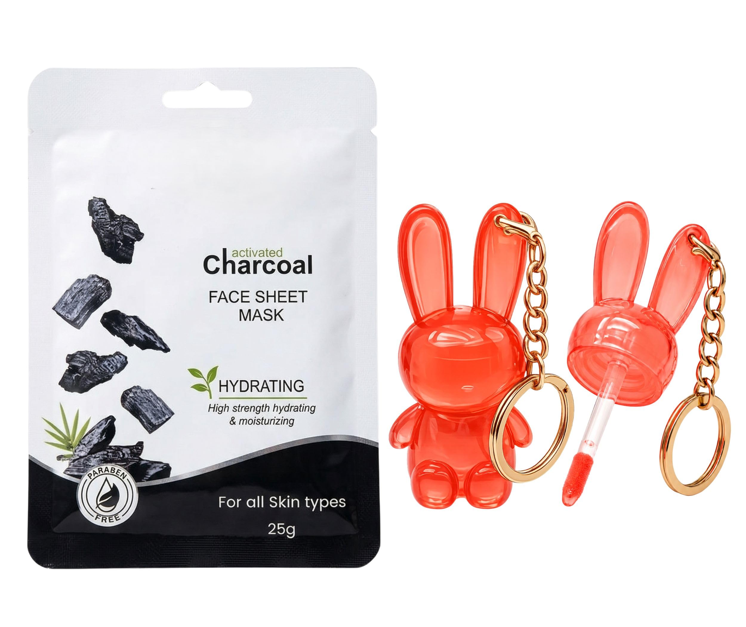 2-Piece Skin & Lip Care Combo Set | Hydrating Activated Charcoal Face Sheet Mask (25g) & Cute Bunny Lip Gloss Keychain (Red Tint) | Paraben-Free Detoxifying Skincare & Moisturizing Lip Gloss Kit for Girls & Women-image-8