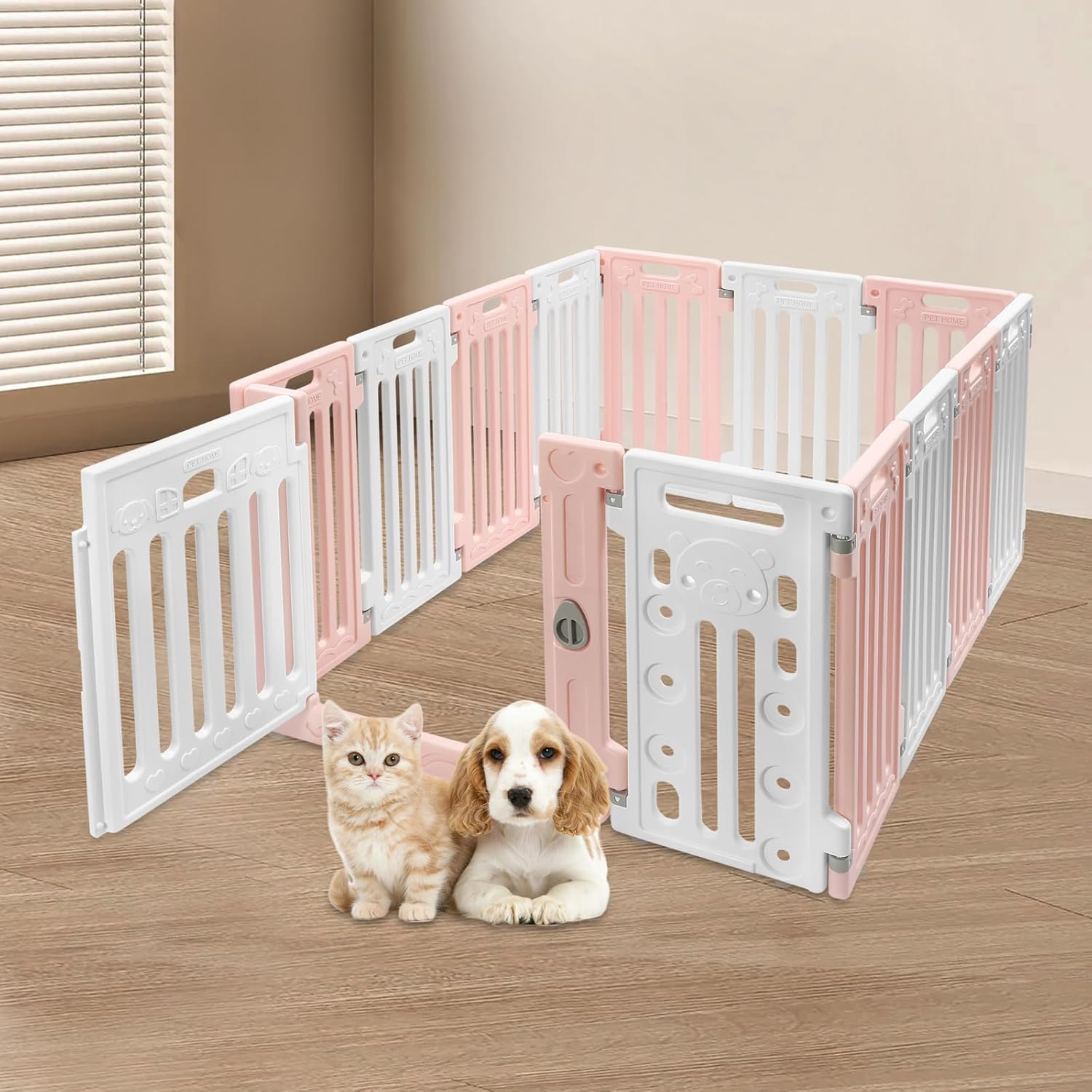 Dog Playpen with Door, Indoor Extra Wide 13 Panels, Removable & Stackable Pet Safety Fence, Freestanding Dog Gate, Suitable for Most Puppies, Small, Or Medium Dogs (Pink and White)