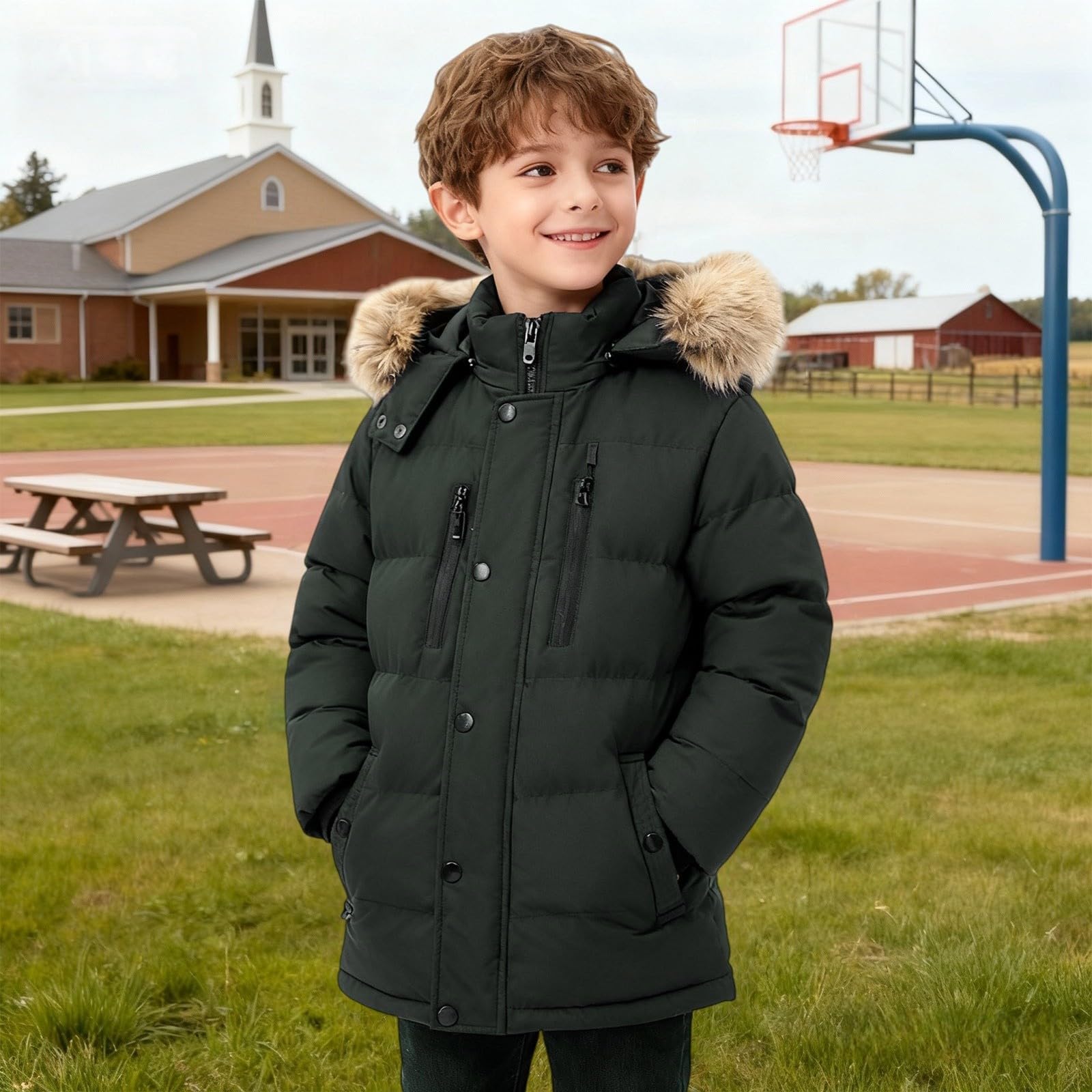 Piumino per bambini con cappuccio in pelliccia e tasche, tinta unita, giacca invernale, impermeabile, comodo, morbido, giacca a vento, giacca con cappuccio, leggera, alla moda, per attività all'aria