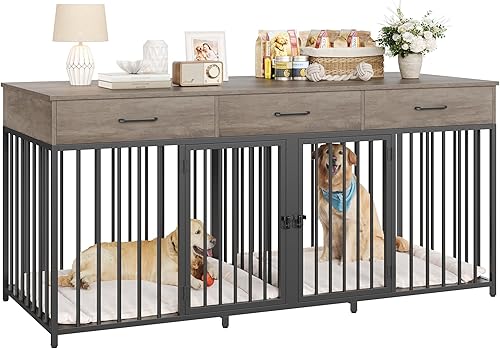 Miniatura 1 de HOSTACK Mueble doble para perros, perrera de 71 pulgadas de ancho para interiores con 3 cajones, jaula de granja para perros para 2 perros