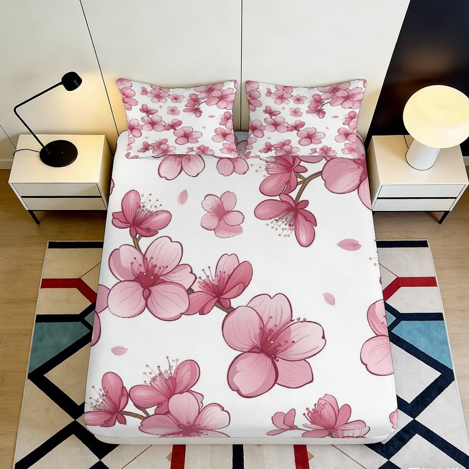 3D Printed Cherry Blossom Fitted Sheet Microfiber Pink Floral Bed Cover for Bedroom Guest Room Easy Care 90x200x25cm