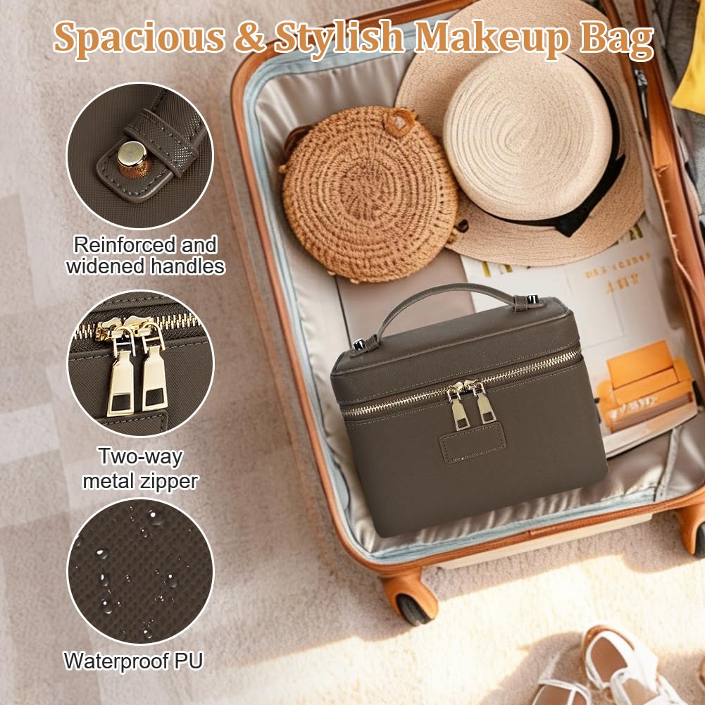 Bolsa de Aseo Mujer Maquillaje, Bolsas de Cosméticos de PU, Bolsa de Lavado de Viaje, Organizador Grande para Maquillaje, Neceser Makeup Bag Multifuncional, Regalo Ideal para Mujeres, Café Claro