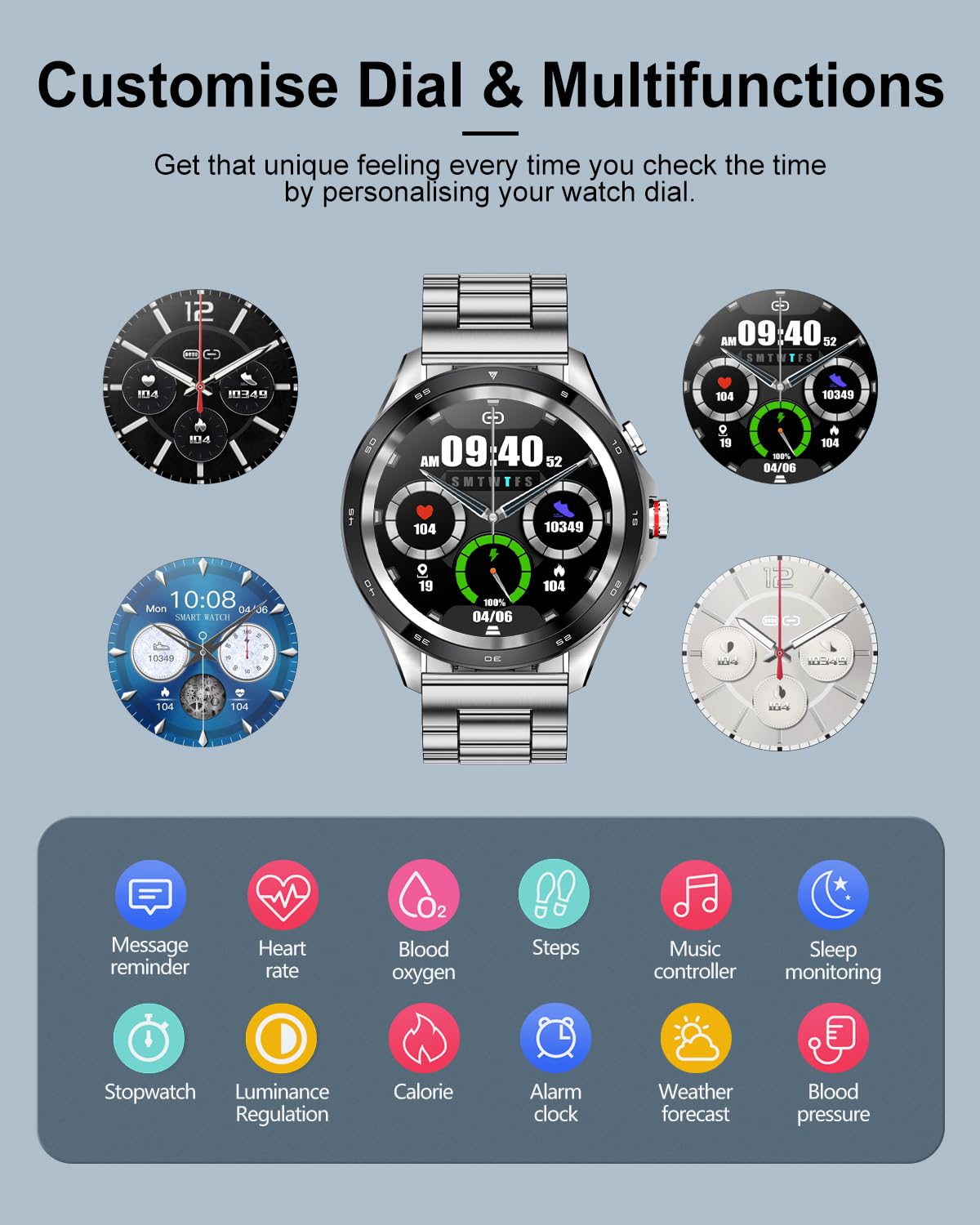 Smartwatch Uomo, con Chiamata Bluetooth e Risposta Vivavoce, Orologio Fitness Impermeabile con Cardiofrequenzimetro SpO2 Notifiche Messaggi Contapassi Cronometro Orologio Sportivo per Android iOS