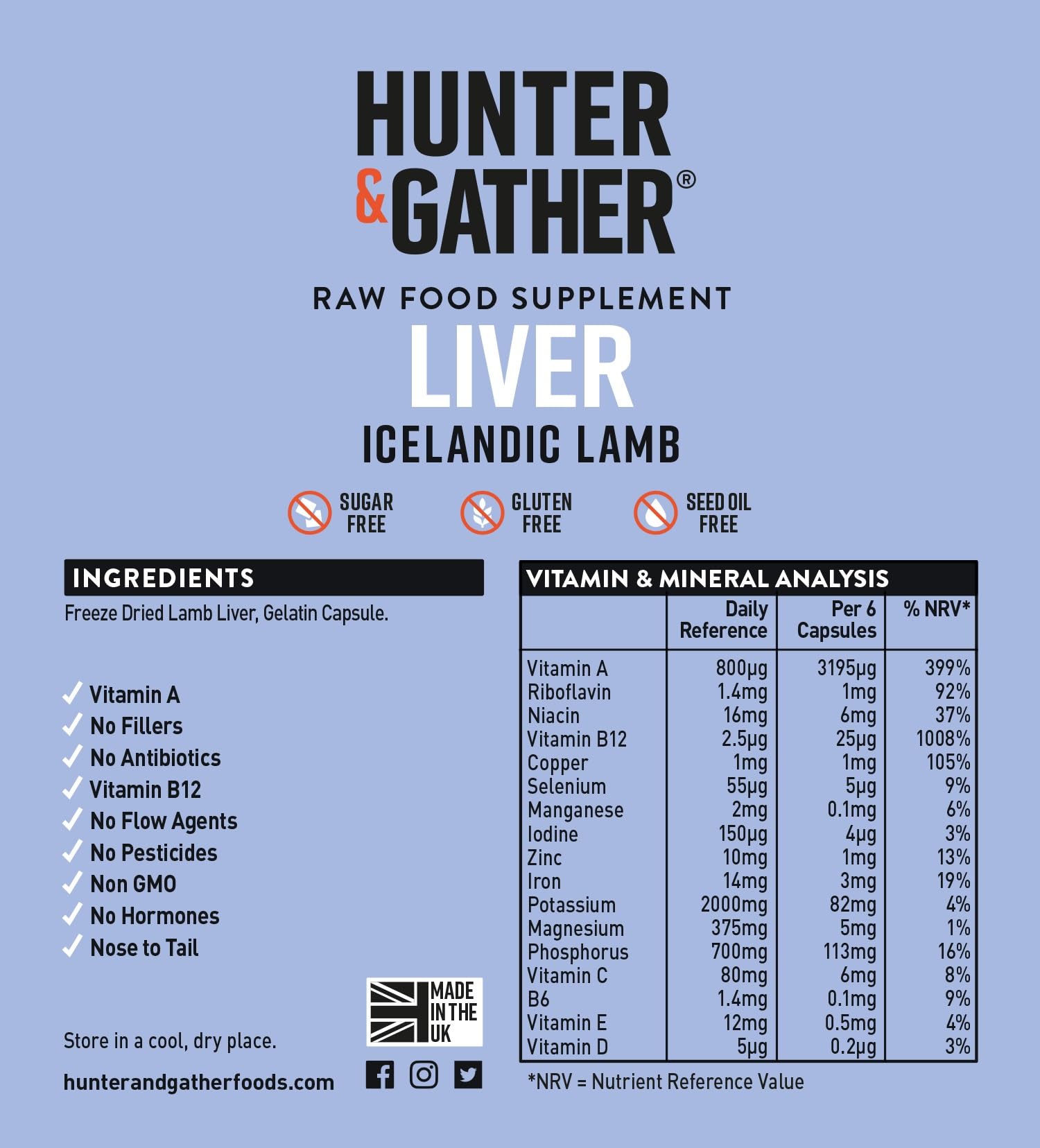 Hunter & Gather Lammleber 90 Kapseln | Ernähungsergänzung aus freilebenden, grasgefüttertem isländischen Lamm | 100% rohe gefriergetrocknete Lammleber | Keine GMV-Fütterung, Antibiotika oder Hormone