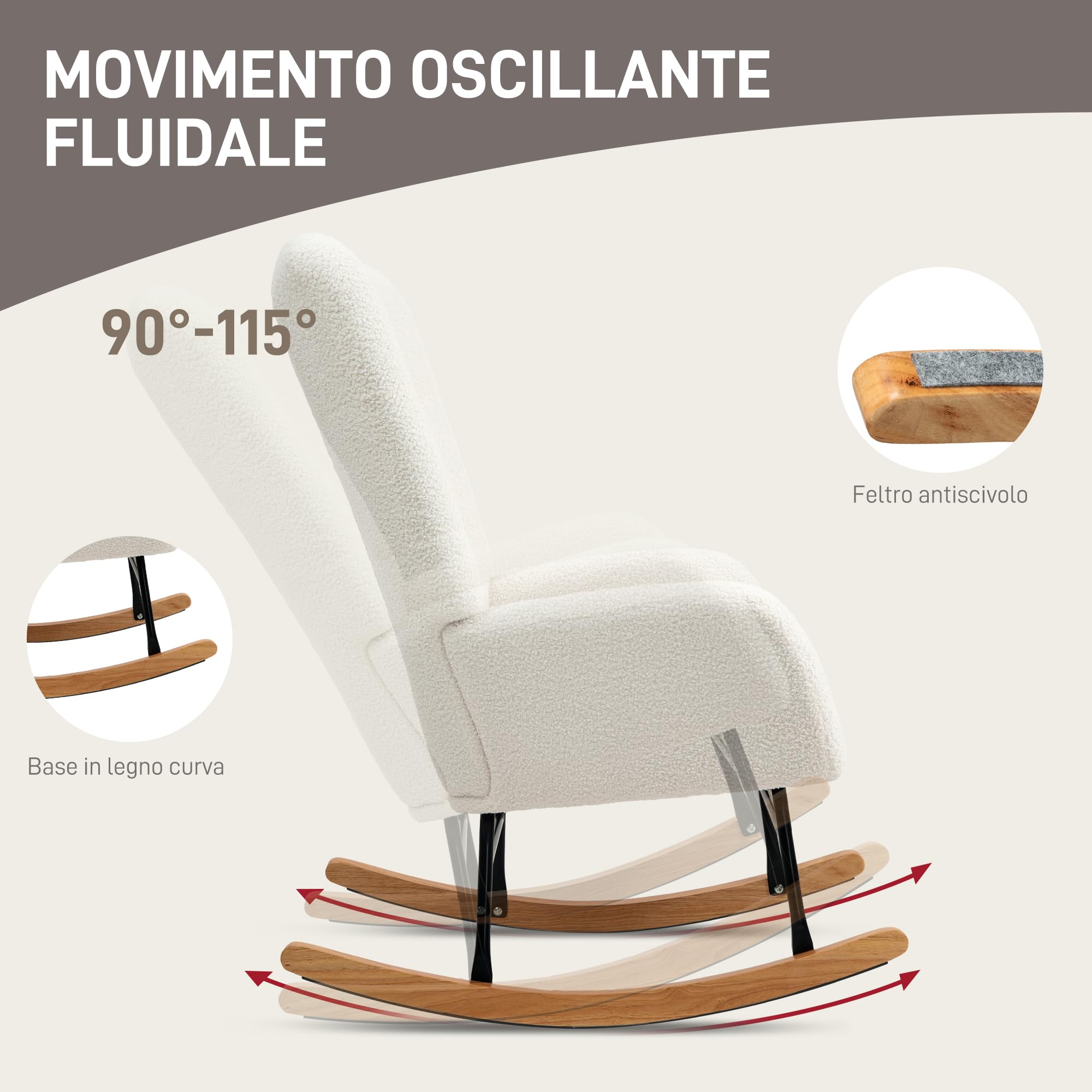 HOMCOM Sedia a Dondolo, Poltrona in Velluto Teddy, Sedia Relax con Gambe in Legno, Dondolo per Camera da Letto e Soggiorno, Bianco Crema