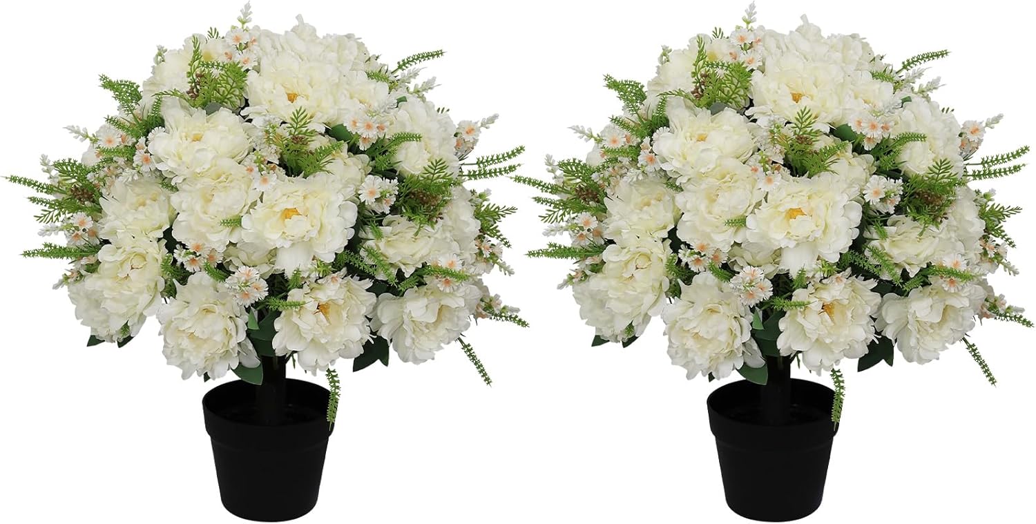 24” Artificial Flowers for Outdoors, Set of 2 Realistic Faux White Peonies in Cement Pots, UV Resistant Fake Plants Look Real for Front Porch, Entryway & Indoor Spring Decor