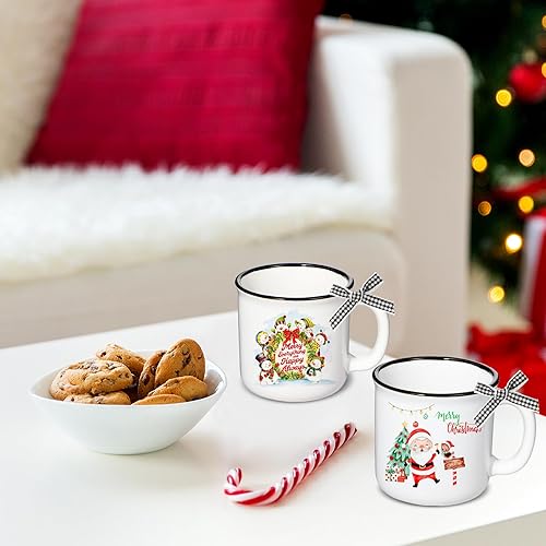 Miniatura 6 de ZOIIWA Juego de 6 tazas de café de Navidad con cinta negra a cuadros para fiestas de vacaciones, tazas de cerámica para regalo de Navidad,