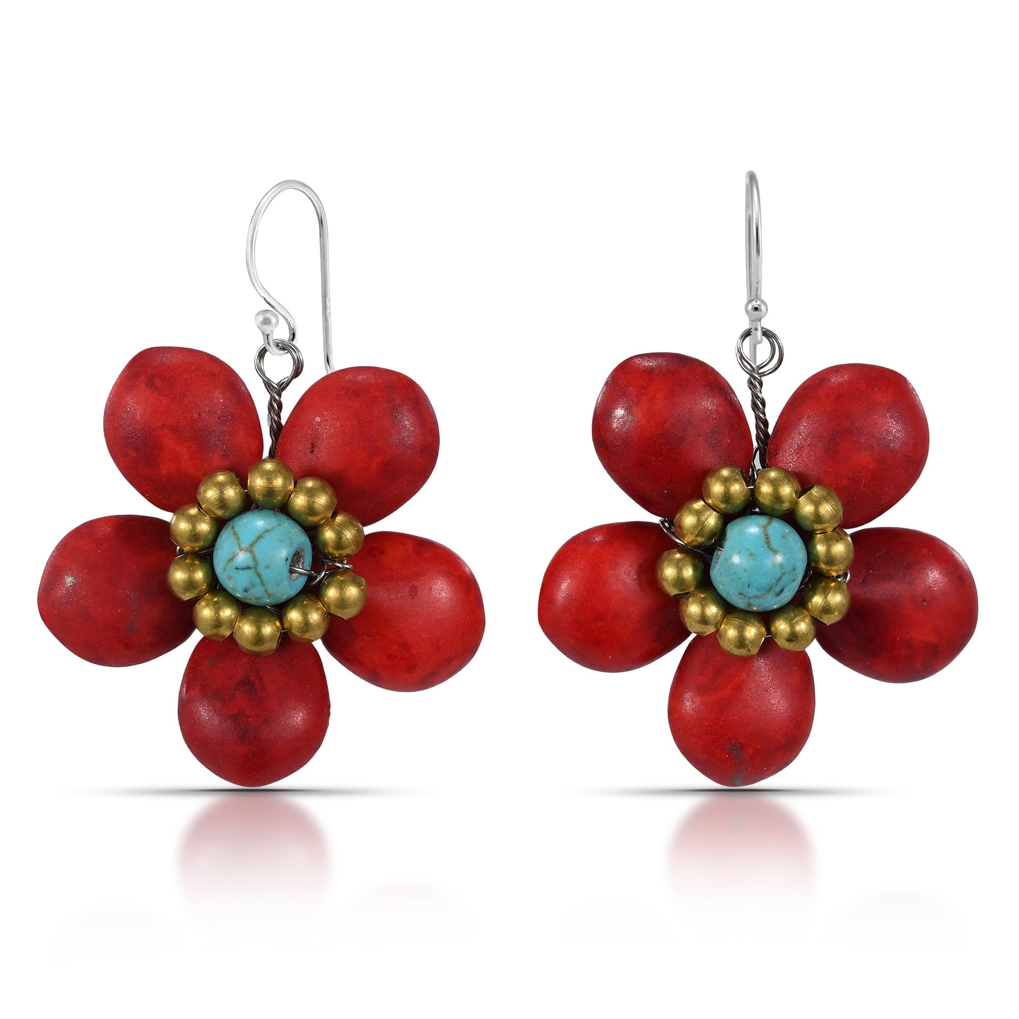 Statement Reconstructed Red Coral and Turquoise Flower Brass .925 Silver Earrings | Floral Earrings for Women