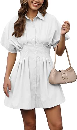 Senllen Women's Summer Shirt Dress with Pockets, Short Sleeve, Button-Down, Elastic Waist, Mini Striped Dress