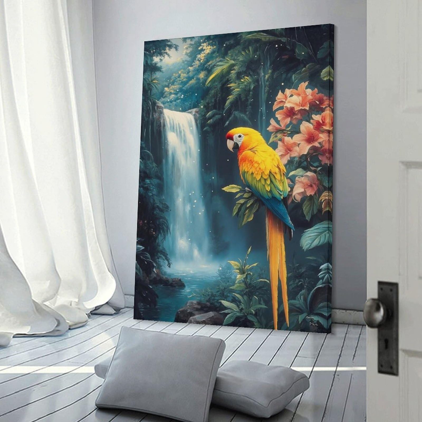 Junmoney Frame-Style-8 Parrot In Tropical Waterfall Paradise Decorative Wall Artwork 20X30inch(50X75cm), For Corridors, Hallways Or Apartment Entries, Home Artwork For First Impressions