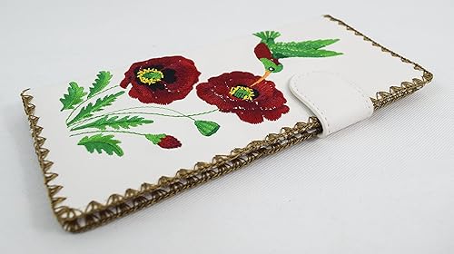 Miniatura 3 de Skelapparel Cartera plana grande de piel sintética bordada con diseño de colibrí y amapola, Blanco, Cartera