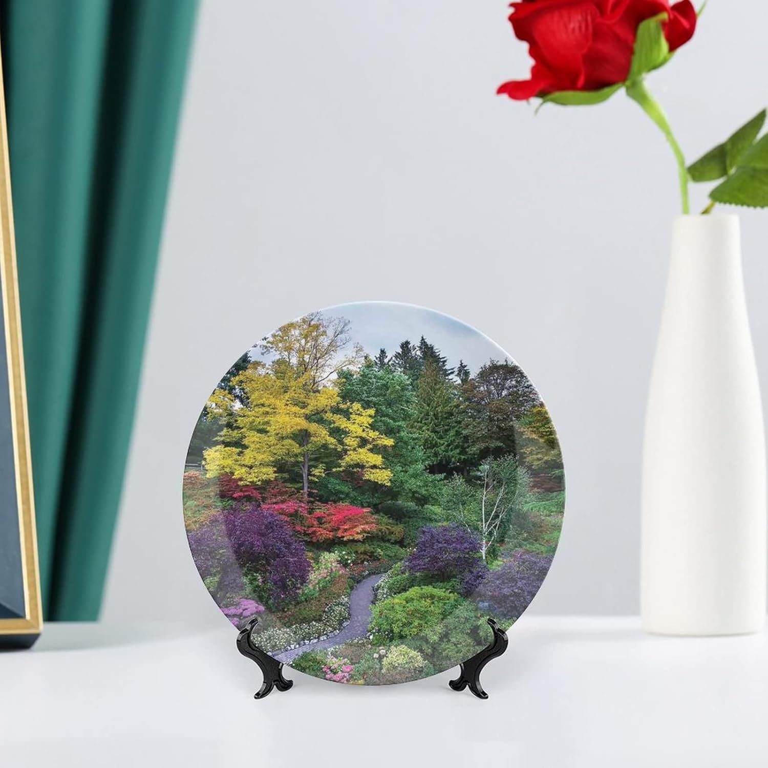 XISUNYA 8 Inch Decorative Plate, Country Decor Round Porcelain,Famous Park Butchart Gardens Colorful Flowers Leaves Print Ornament Display Plate Handmade Plate Wedding Christmas Thankgiving Gifts