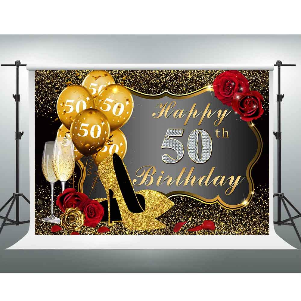 50th Birthday Backdrop for Photography, 10x7FT, Golden Balloons Champagne Shining High Heels Red Rose Photo Background, Mother Women Birthday Party Decoration Banner，Photo Studio Props LSGE1377