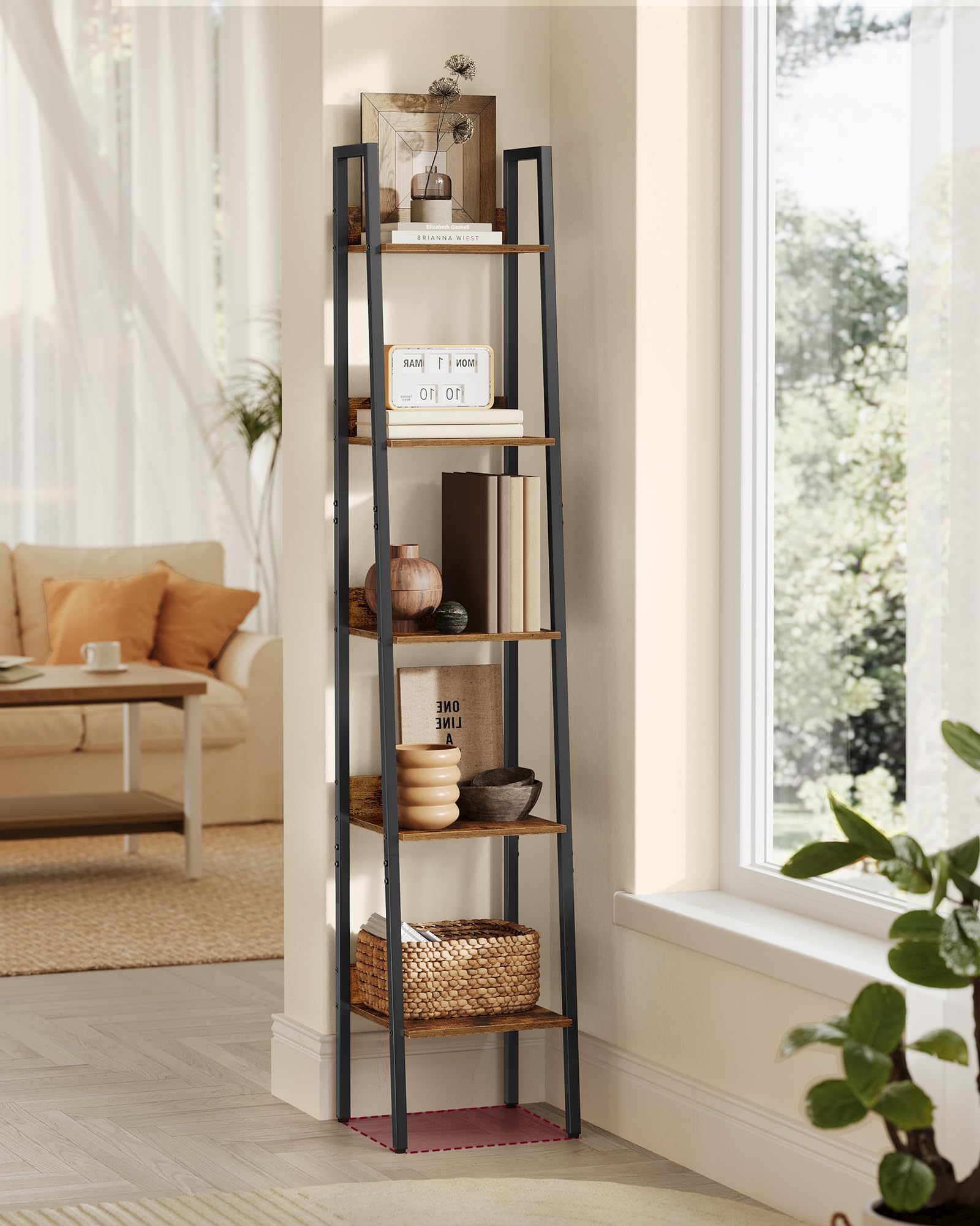 VASAGLE Estantería de Escalera, estantería de 5 Niveles, Mueble de Almacenamiento de pie, Oficina, Sala de Estar, Dormitorio, Cocina, Estilo Industrial, marrón rústico y Negro LLS109B01