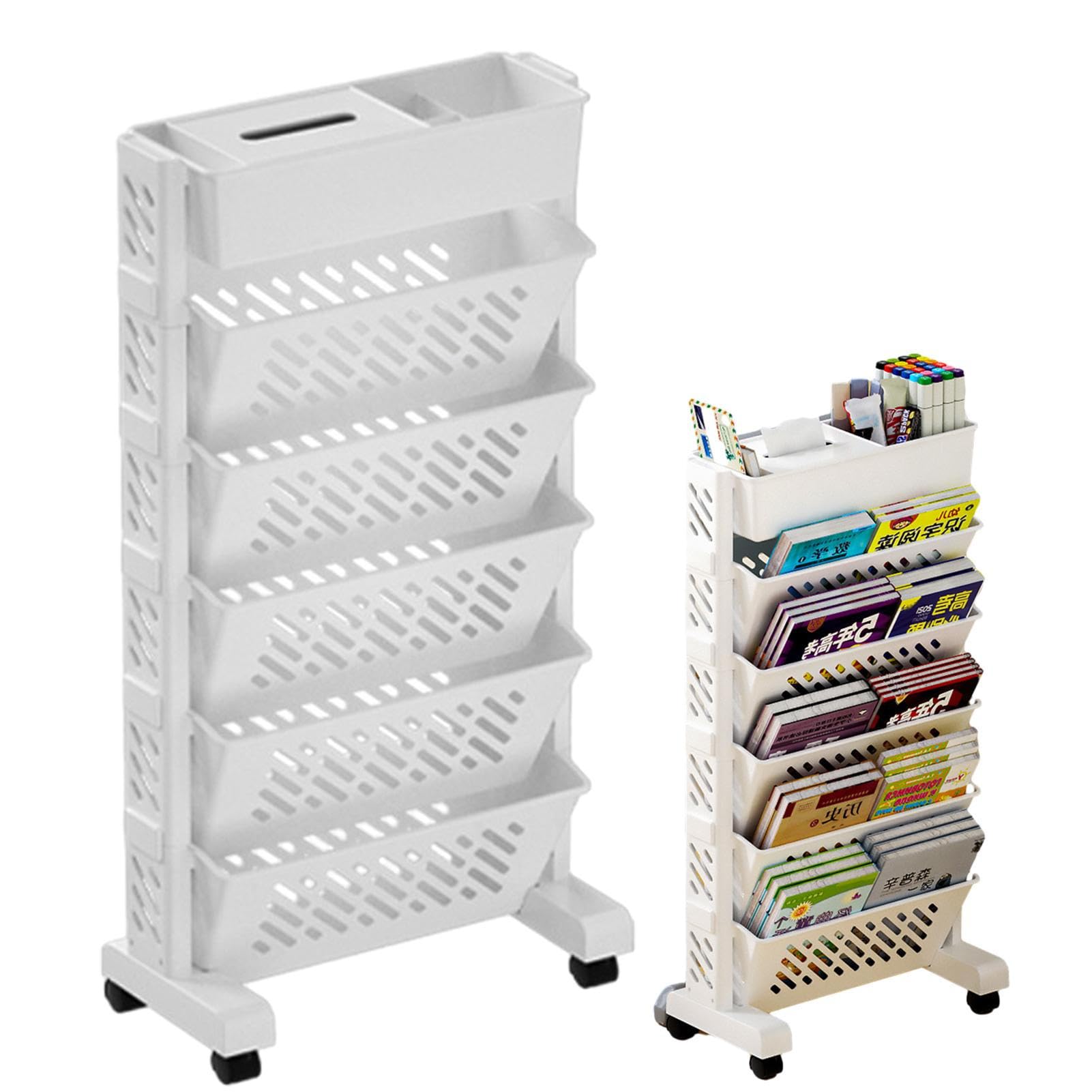 Estantería Móvil, Carrito De Estantería Móvil De 6 Niveles Con Ruedas, Revistero, Carritos De Libros Con Ruedas, Estantería Extraíble Multifuncional, Estante De Organización Rodante Compacto Y Práctic