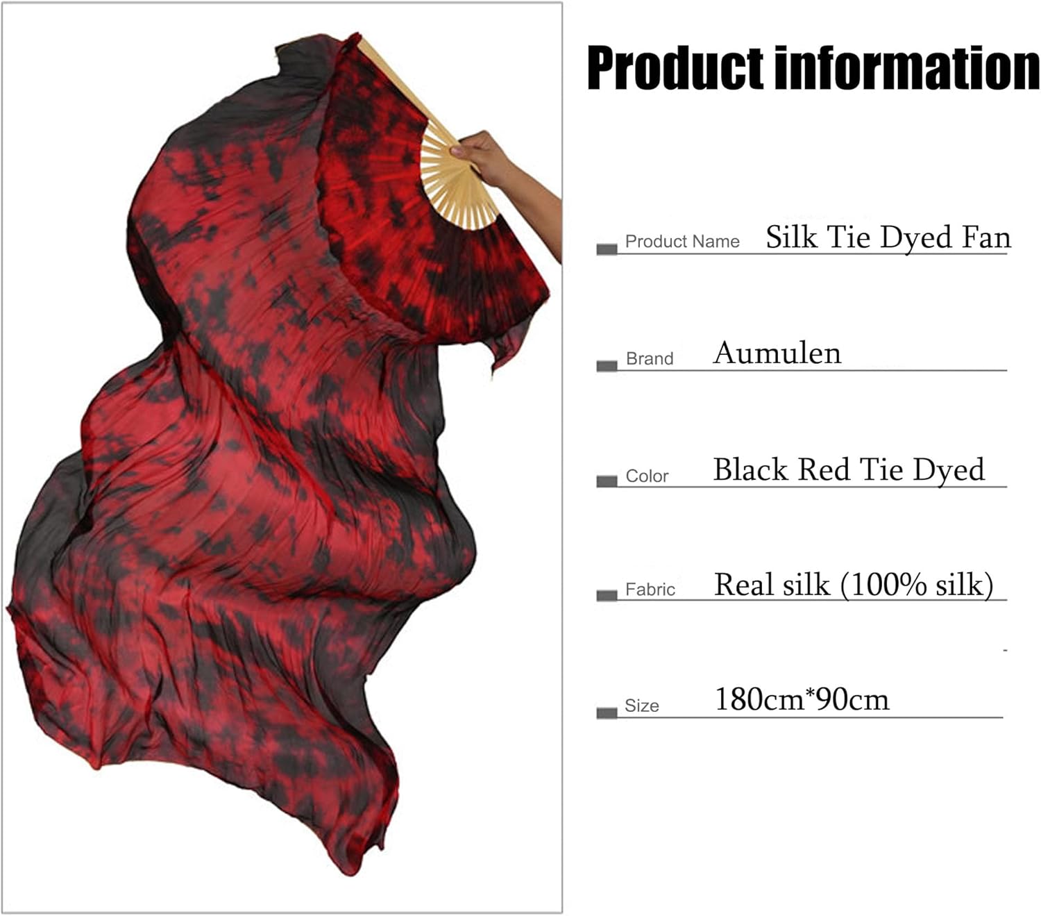 Aumulen Women 1 Pair (Left+Right) Real Silk Belly Dance Fan Veils Hand Made Colorful Tie-Dyed Dance Fans - Image 2