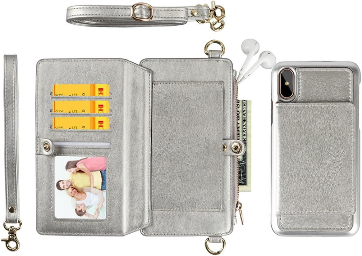 RESEE iPhone X Case, iPhone X Women Wallet, Leather Zipper Flip Folio Purse Detachable Wristlet Handbag with Card Holder for iPhone 10 - Silver