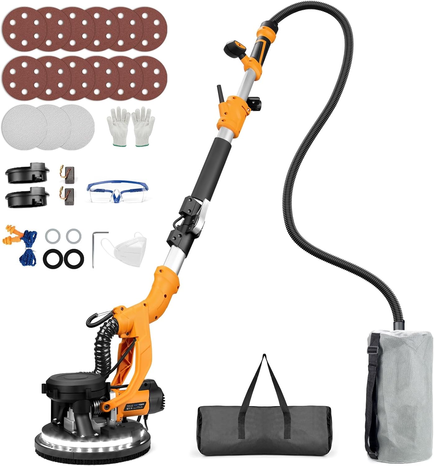Electric Drywall Sander, 2200RPM Drywall Sander with Vacuum, 1000W Automatic Dust Collector with LED Light, Foldable Popcorn Ceiling Removal Tool with 6 Variable Speed &15Pcs Sanding Discs Orange Yellow