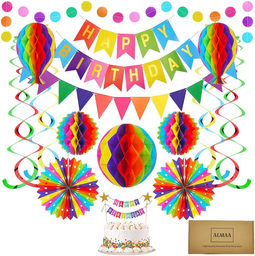 Premium Reusable Birthday Party Decorations Set - Party Supplies - Happy Birthday Banner, Honeycomb Decorations, Pom Poms, Streamers, Cake Topper