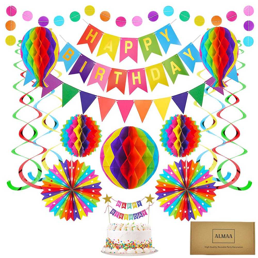 Premium Reusable Birthday Party Decorations Set - Party Supplies - Happy Birthday Banner, Honeycomb Decorations, Pom Poms, Streamers, Cake Topper