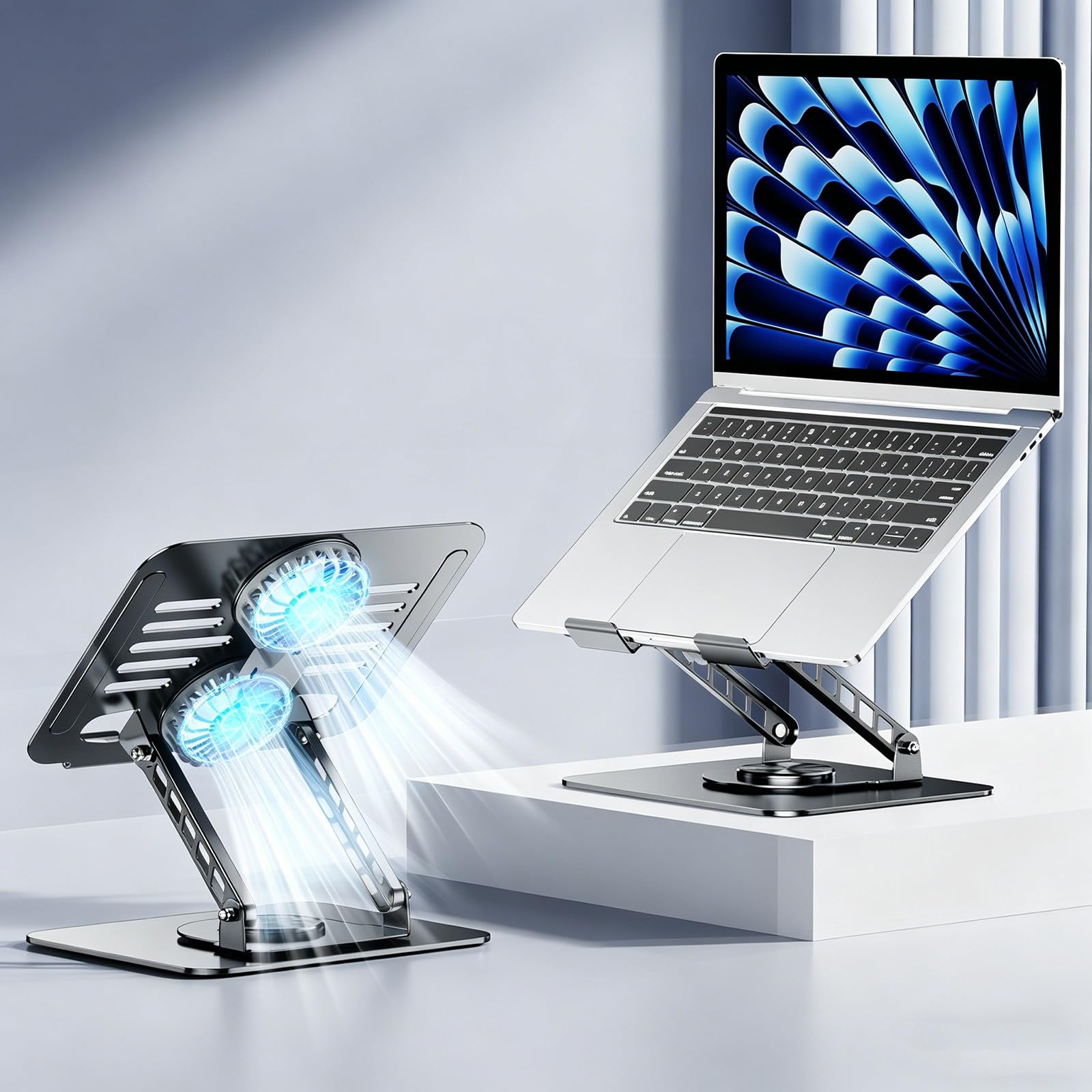 Podstawka Pod Laptopa Z Wentylatorem Chłodzącym,Podstawka Chłodząca Pod Laptopa,Obrotowa Podstawa 360°,Metalowy Wspornik Z Podwójnym Słupkiem,Nośność 10Kg,Do 17,3 Cala,Do Biura I Domu A