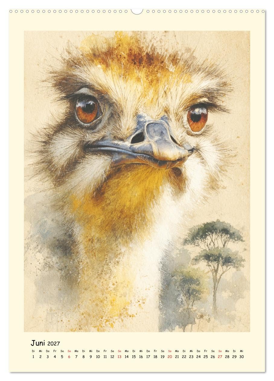 Strauße. Afrikas große Laufvögel in Aquarelloptik (Wandkalender 2027 DIN A2 hoch), CALVENDO Monatskalender: Die majestätische Ruhe und dynamische ... in schönen Illustrationen (CALVENDO Tiere)