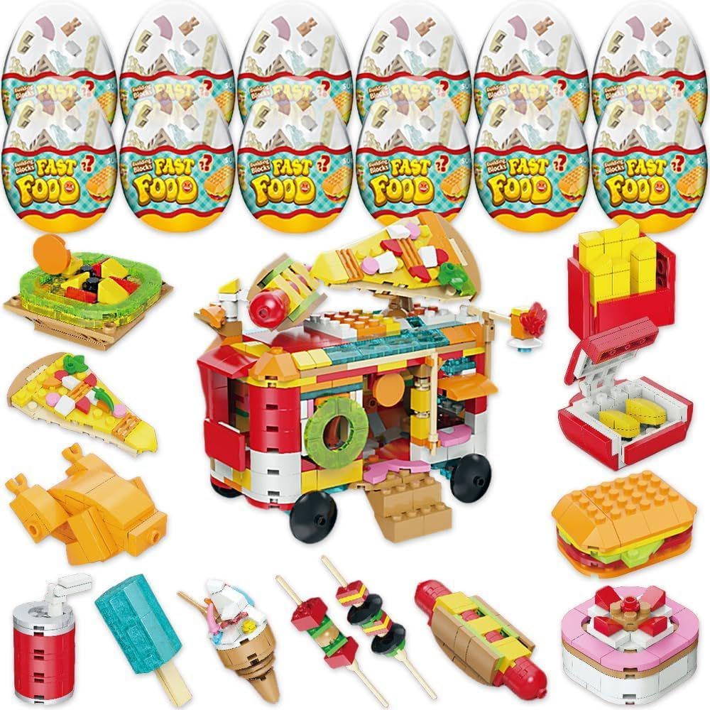 12 Pack Easter Fast Food Building Blocks Set, Fast Food Truck & Restaurant Models in Easter Egg Surprise Packaging, Creative Construction Toy Kit