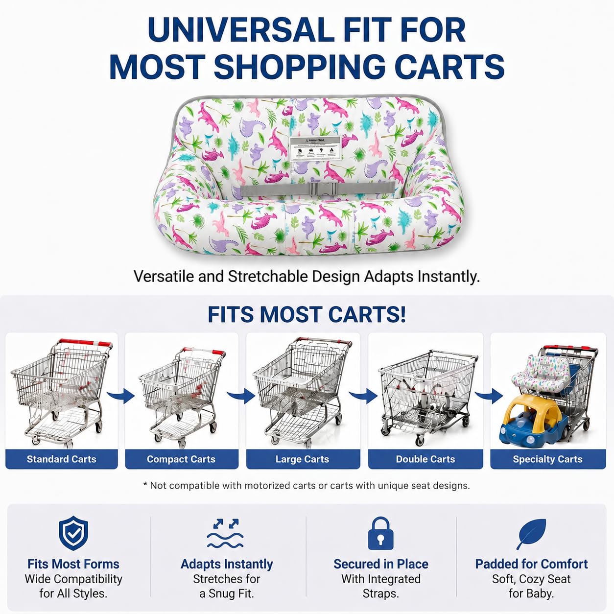 Shopping Cart Cover for Baby, Velcro & Buckle Strap Design, Machine Washable Foldable Cover with Storage Pouch, Fits Most Grocery Carts & High Chairs (Dinosaur Forest)