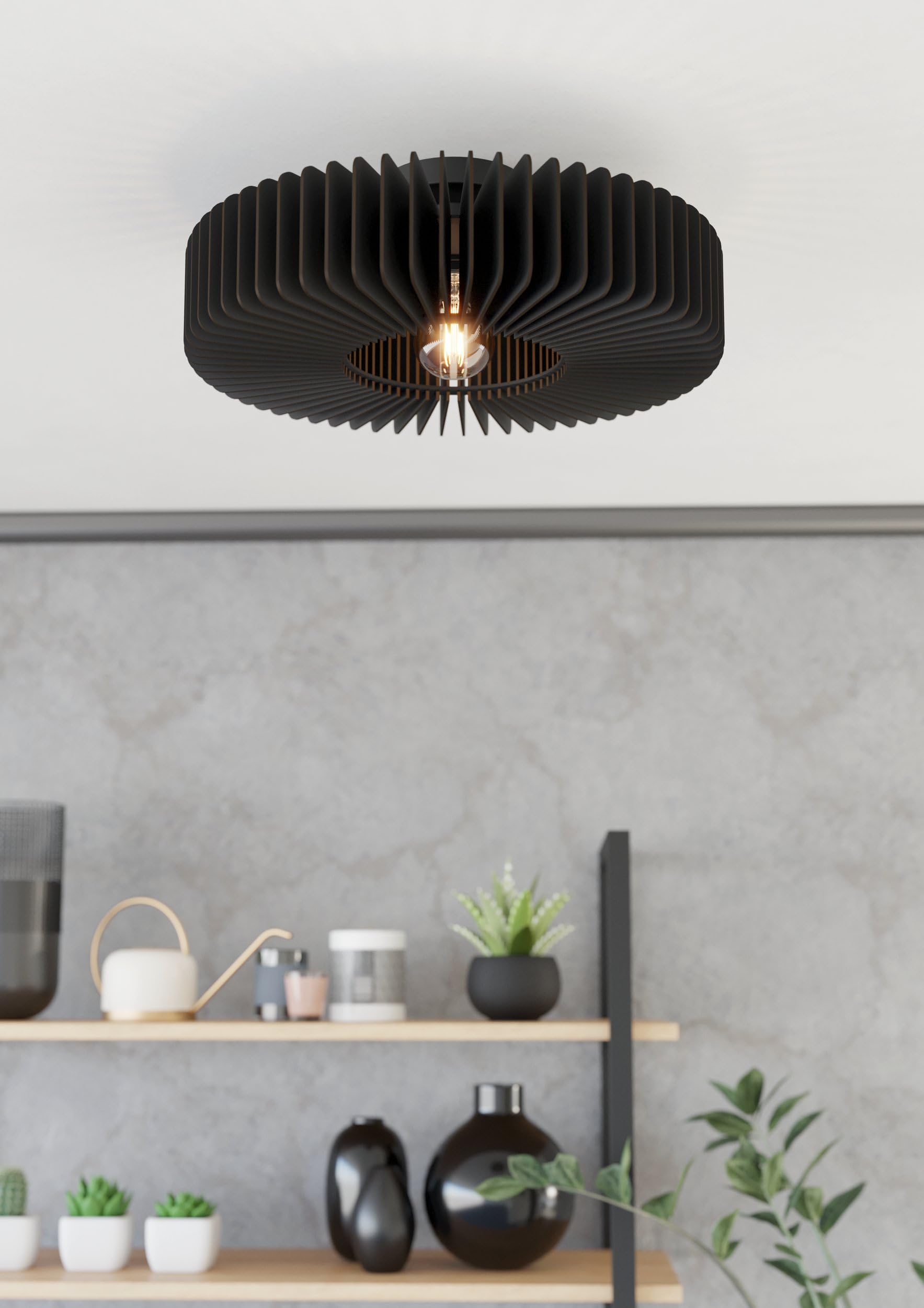 EGLO Lampa sufitowa Palombaia, okrągła lampa sufitowa | drewniana lampa do salonu w kolorze czarnym, lampa natynkowa do salonu i sypialni, lampa z oprawką E27, Ø 50 cm