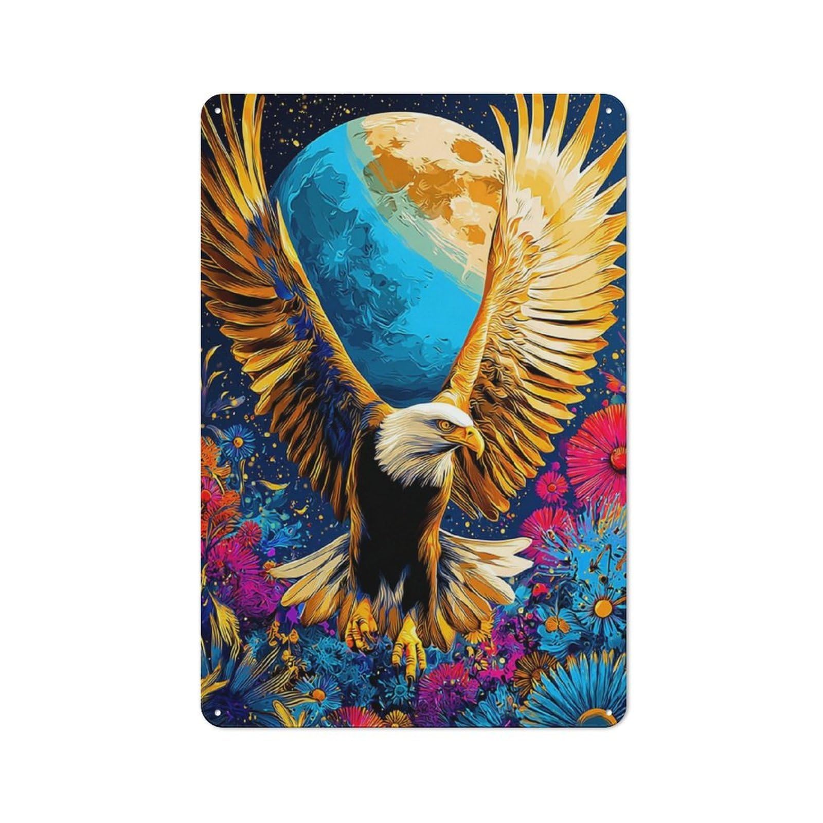 Junmoney Eagle In Flowers With Moon Loft Style Metal Wall Decor 30X20cm, Decorative Metal Plaque For Loft, Studio, Office Or Creative Room