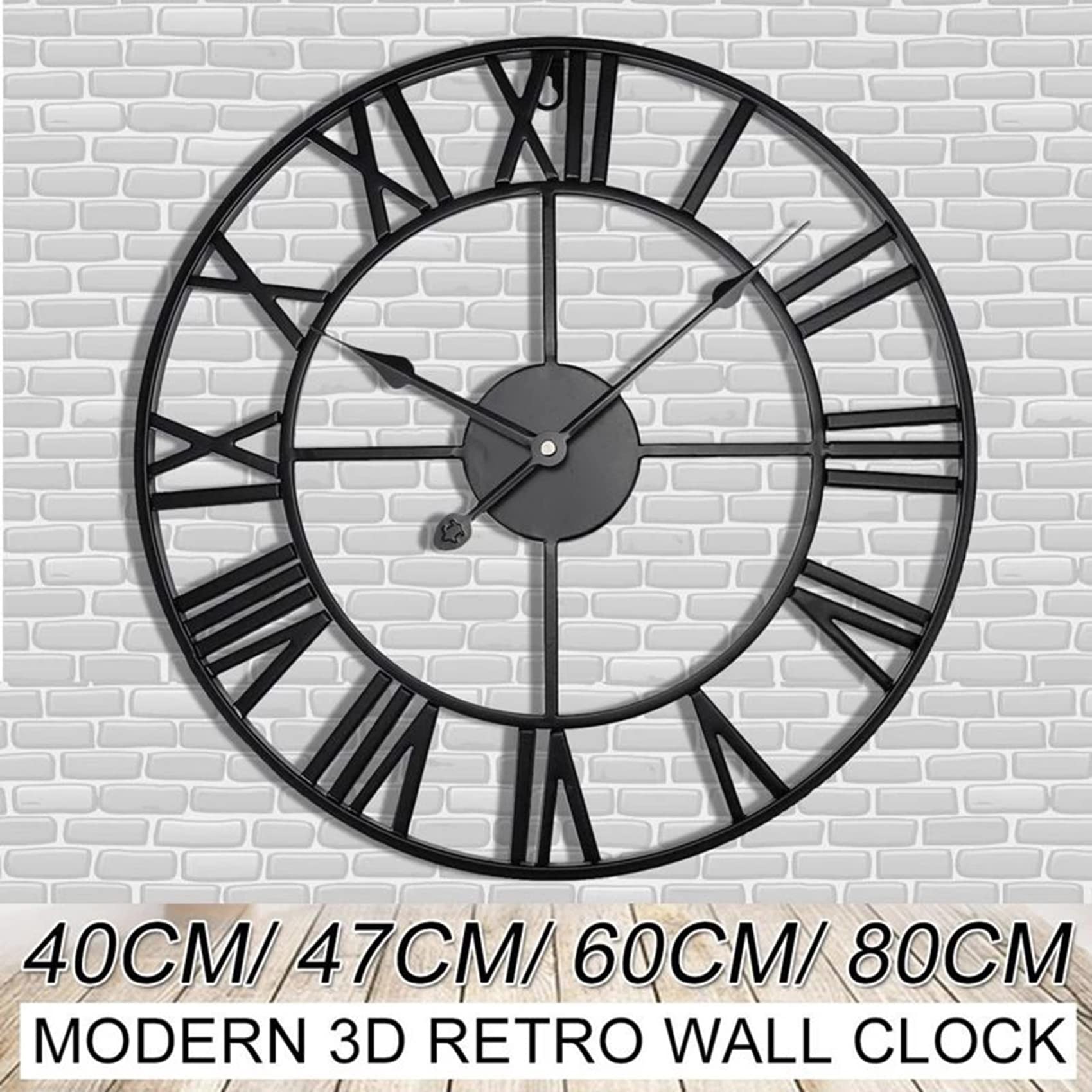 ZXCVB Reloj de Pared Grande 3D de 40/47/60/80cm, Reloj de Pared de Metal Hueco Redondo Retro, Reloj de números silencioso Moderno, decoración de jardín Interior y Exterior para el hogar,Negro,60cm
