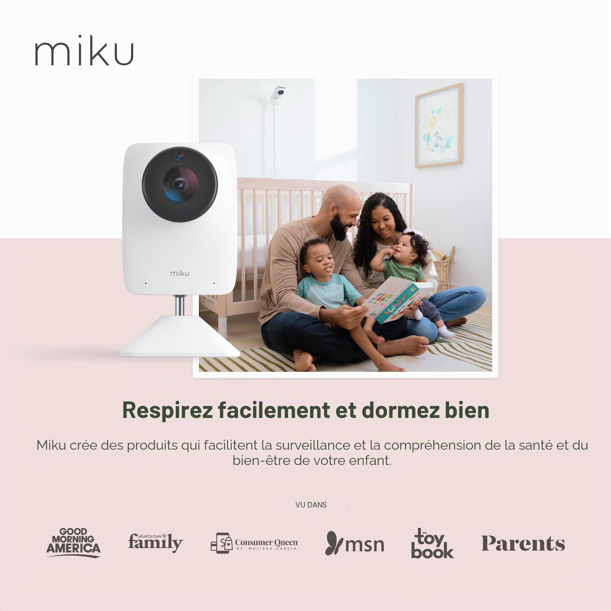 Miku Moniteur de bébé AI avec application et caméra, données de sommeil en direct, non portable | AI Live Breathing sans portable, alertes instantanées, analyse du sommeil, vidéo Wi-Fi, vision nocturne, audio bidirectionnel