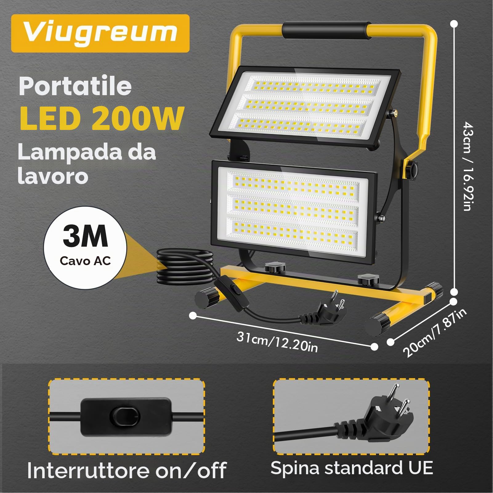 Viugreum Faretto da Cantiere 200W, 22000LM Faro LED da Cantiere Portatile, Luce Bianca 6500K Faretto da Cantiere con Cavo 3m, Rotazione 360°, IP66 Impermeabile Faretto Lavoro per Edilizia,Officina
