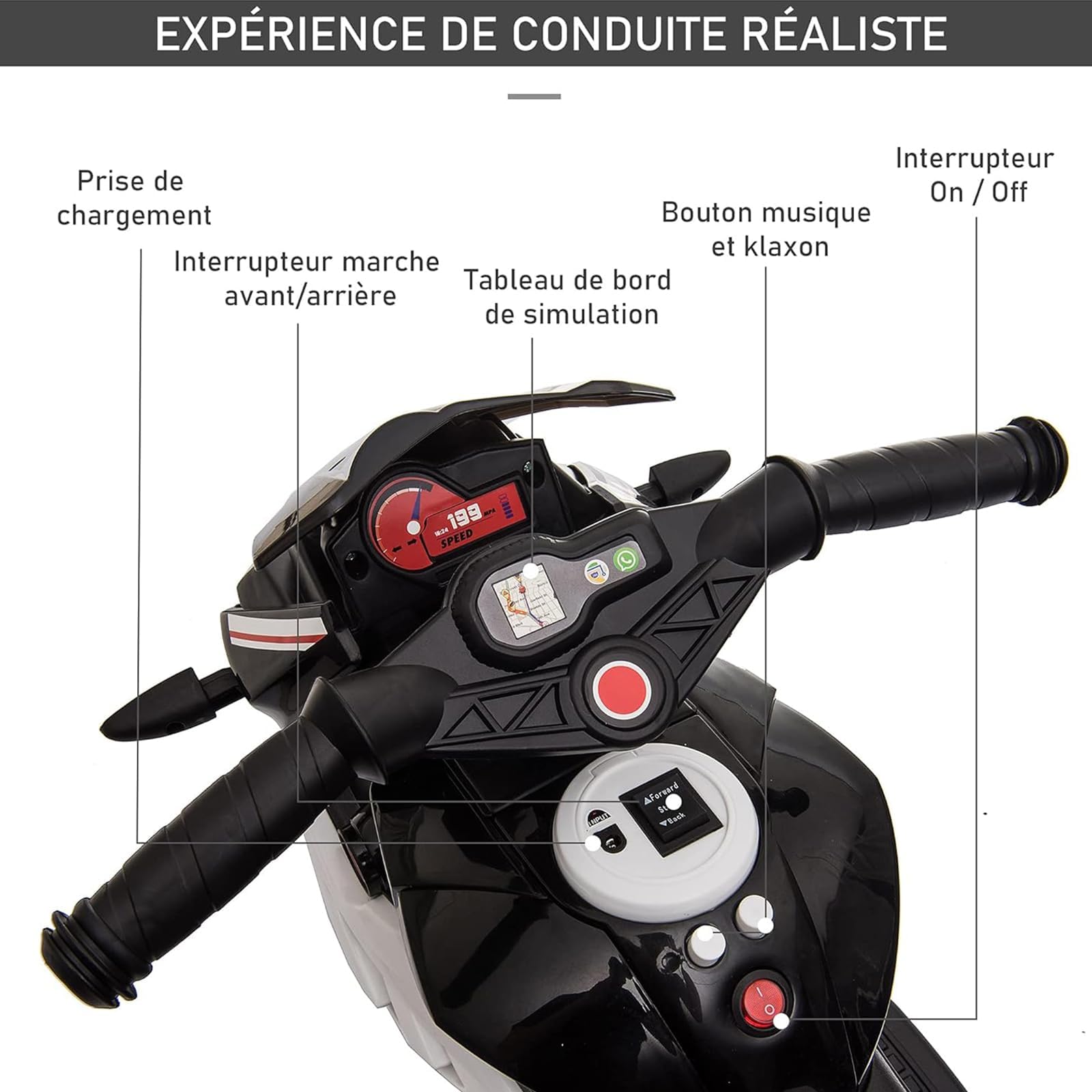 LEADZM Moto électrique pour Enfants de 3 à 5 Ans 6 V 7 Ah, Vitesse Max 3 km/h avec Musique & Lumière (Noir)