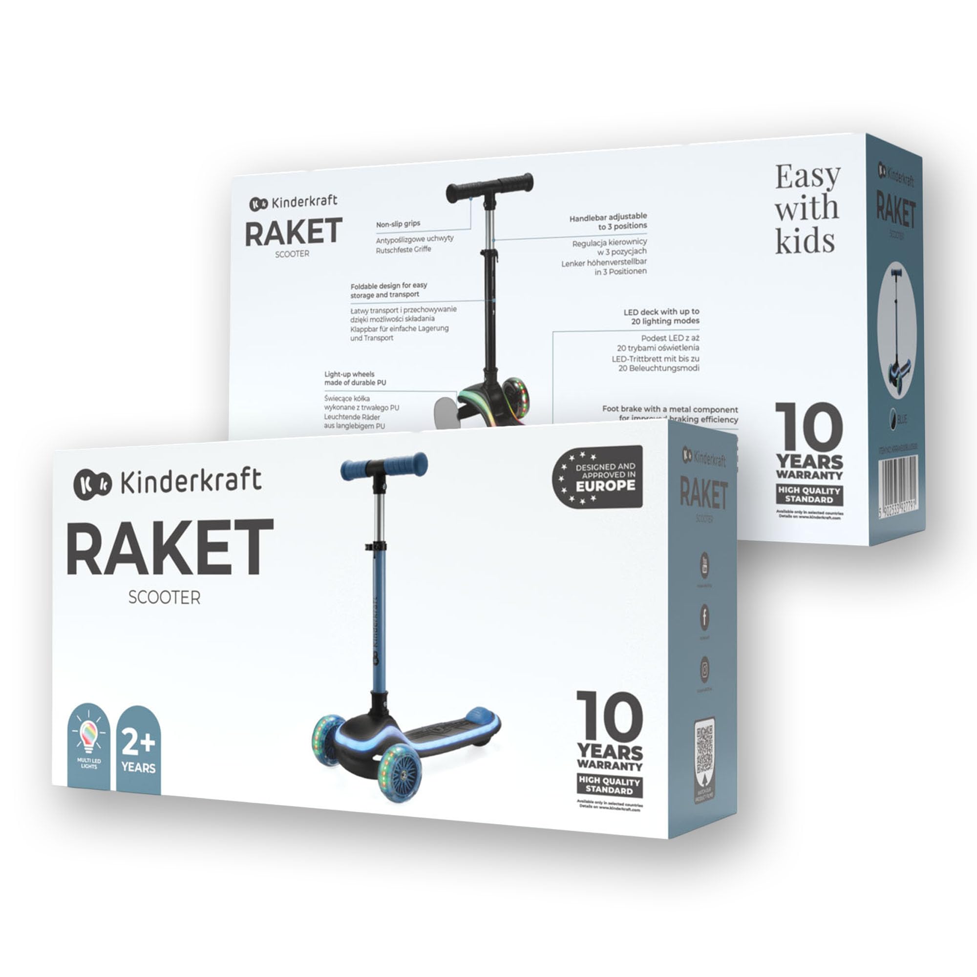 Kinderkraft RAKET Trottinette pour Enfants de 1 an à 50 kg, Trottinette, Roues LED, Guidon réglable en Hauteur, Design Moderne, Bleu