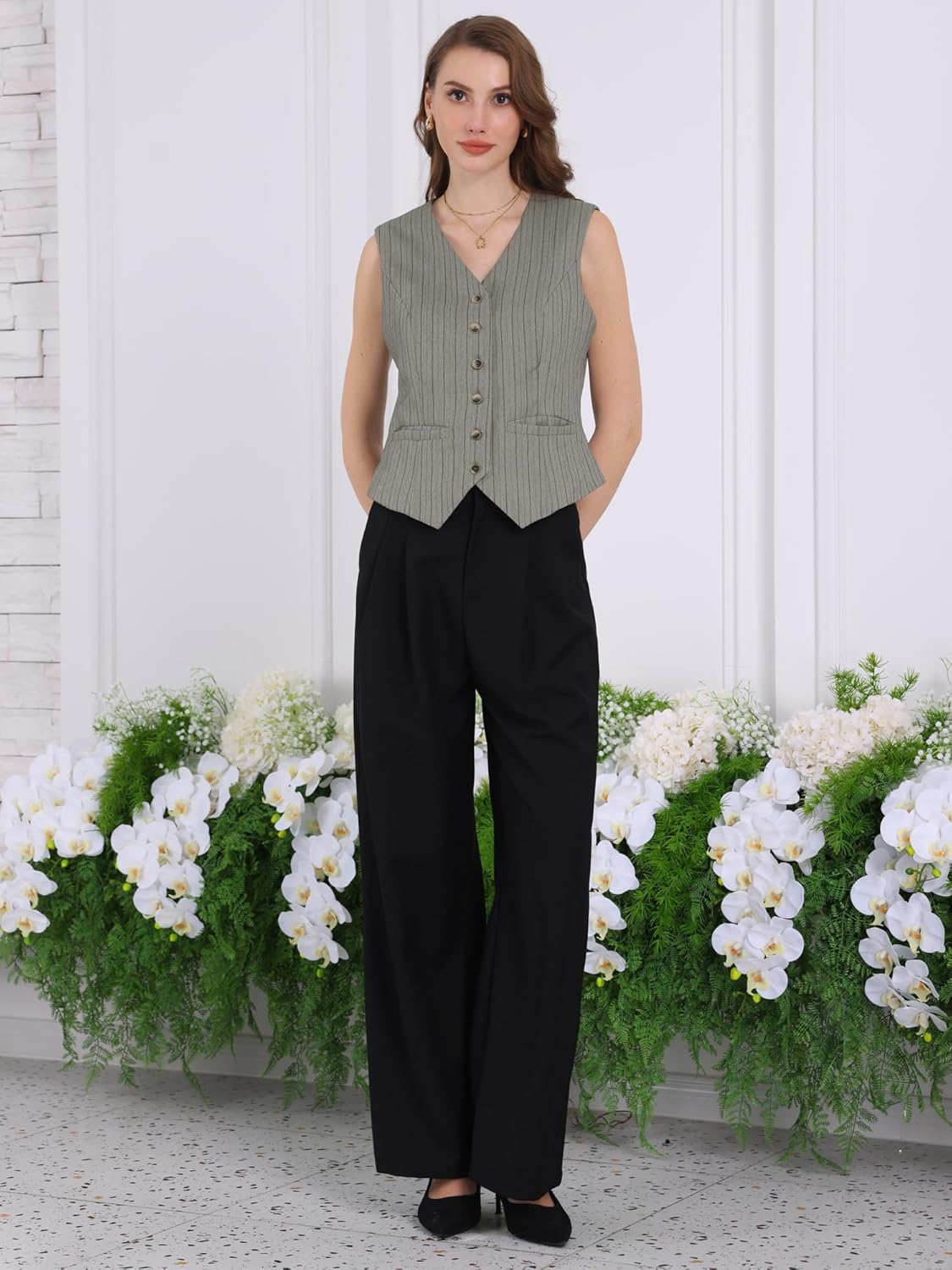 Women's Pinstripe Waistcoat Button Down Vintage Striped Vest - Image 3