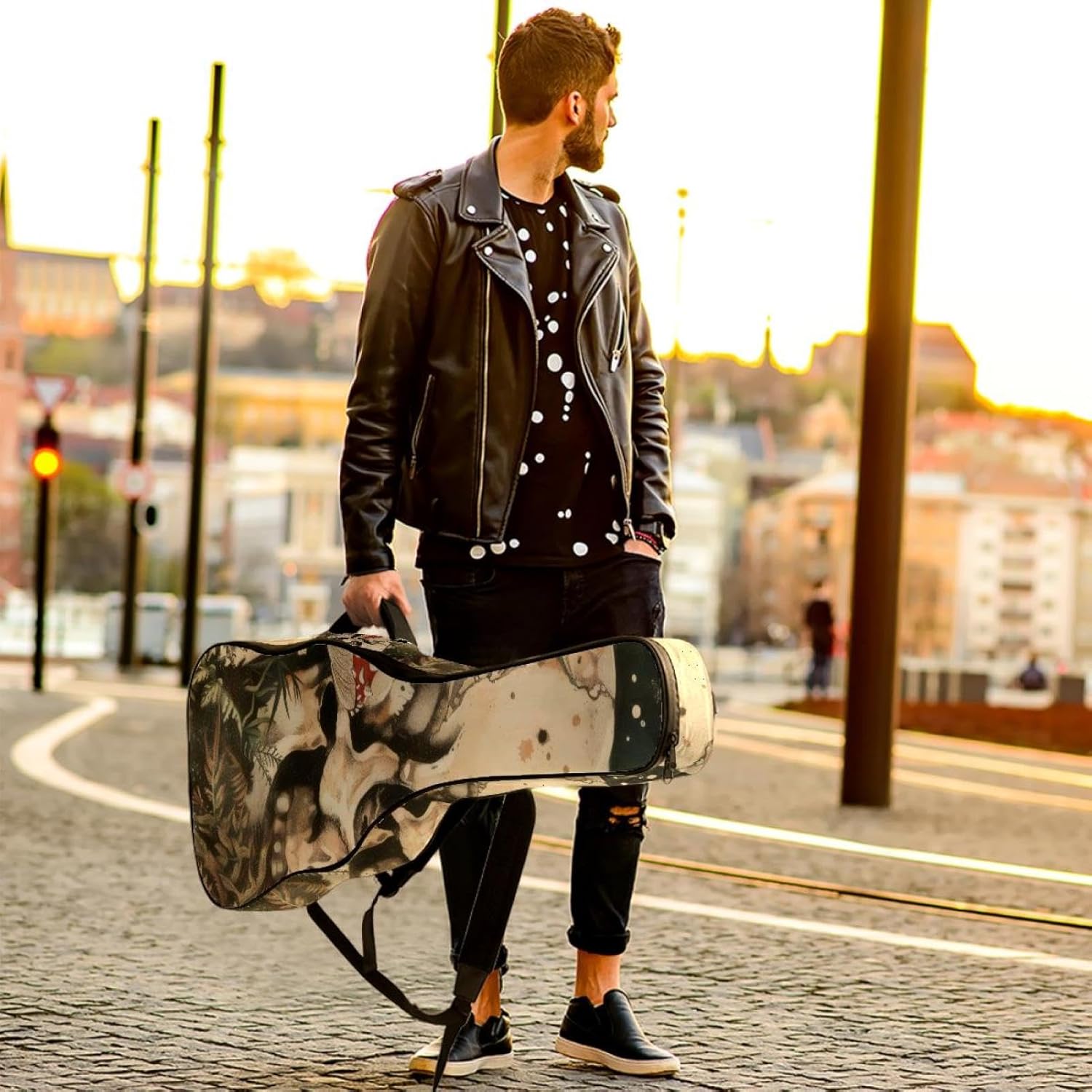 Acoustic Guitar Bag, 40 41 42 Inch Guitar Case Cover Soft Guitar Gig Bag for Acoustic Electric Bass Classical Guitar, Skull Mushroom Vintage Plants Moon Garden