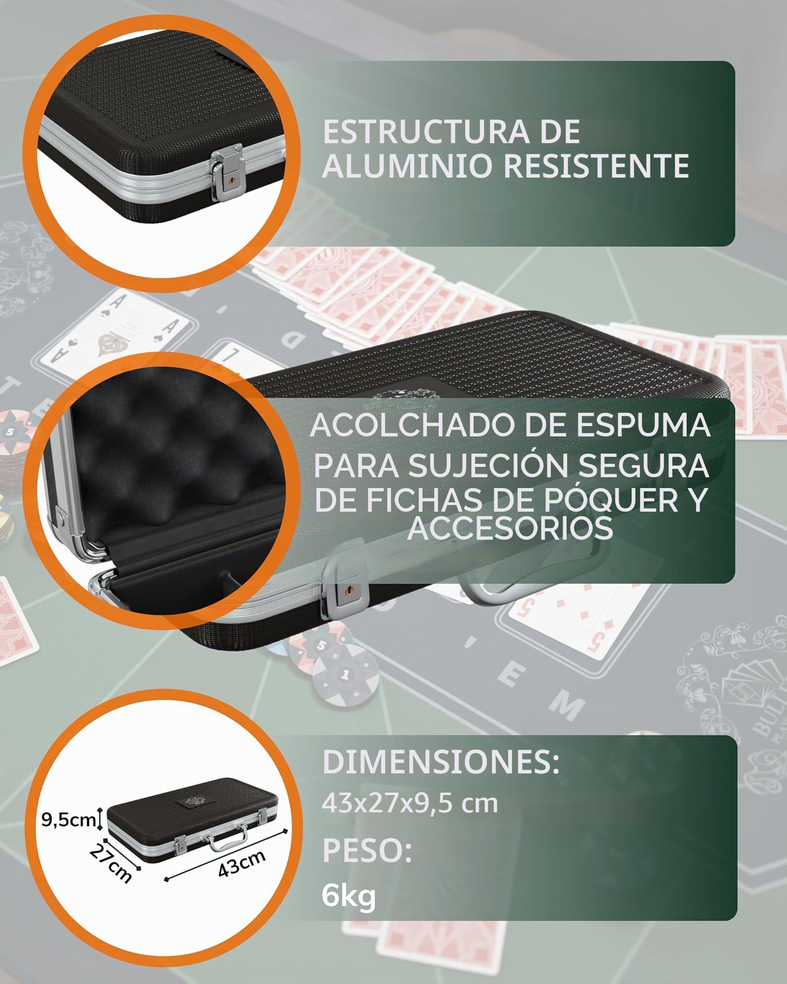 juego de póquer Richie Deluxe, estuche de póquer con 300 fichas de póquer de cerámica con valores impresos, instrucciones de póquer, botones del crupier y cartas de póquer de plástico Bullets