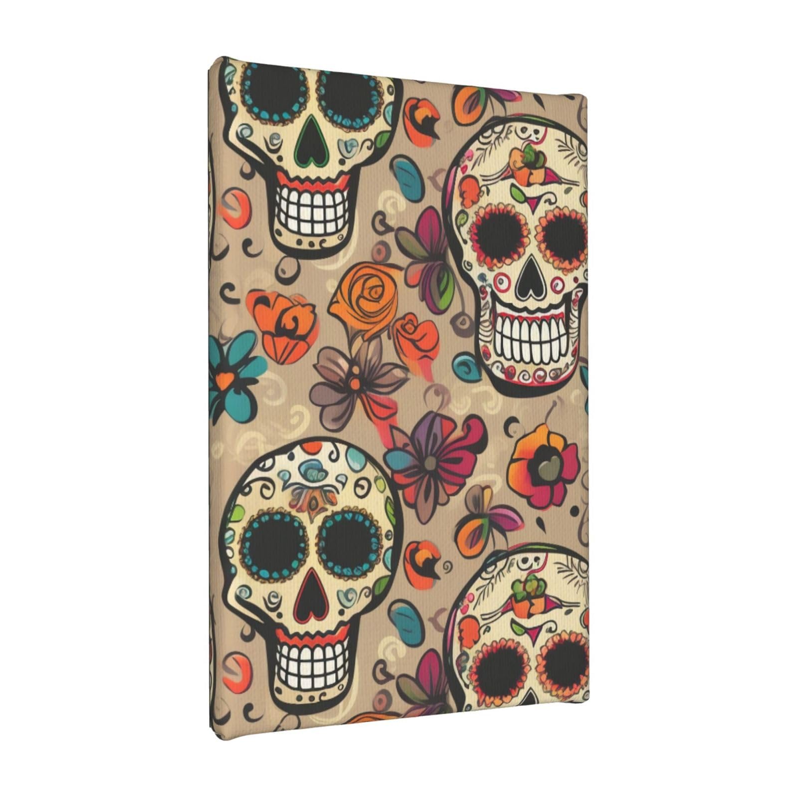 YKLJG Mexican Skull Printed Wall Art Canvas Painting 20x30 CM Wooden Framed Picture Painting Artwork Prints for Bedroom Kitchen Home Office Decor