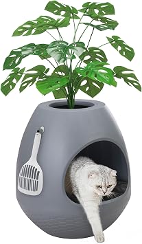Eggloa6 Hidden Cat Litter Box with Artificial Plants - Egg-Shaped Enclosure Includes Scoop, Discreet Furniture for Home Decor, DIY Assembly Cat Litter Box Cabinet for Living RoomGrey