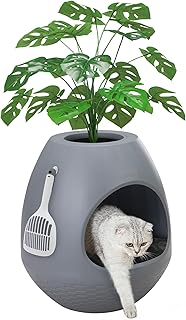 Eggloa6 Hidden Cat Litter Box with Artificial Plants - Egg-Shaped Enclosure Includes Scoop, Discreet Furniture for Home Decor, DIY Assembly Cat Litter Box Cabinet for Living Room(Grey)