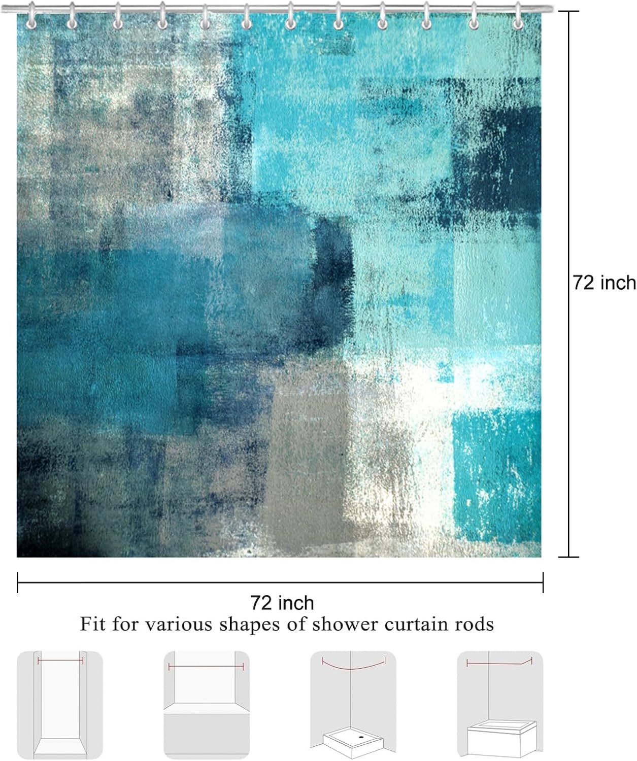 Teal Blue Shower Curtain, Turquoise and Grey Abstract Art Painting Shower Curtains for Bathroom Modern Waterproof Fabric Bathroom Curtains 72x72 Inch with 12 Plastic Hooks