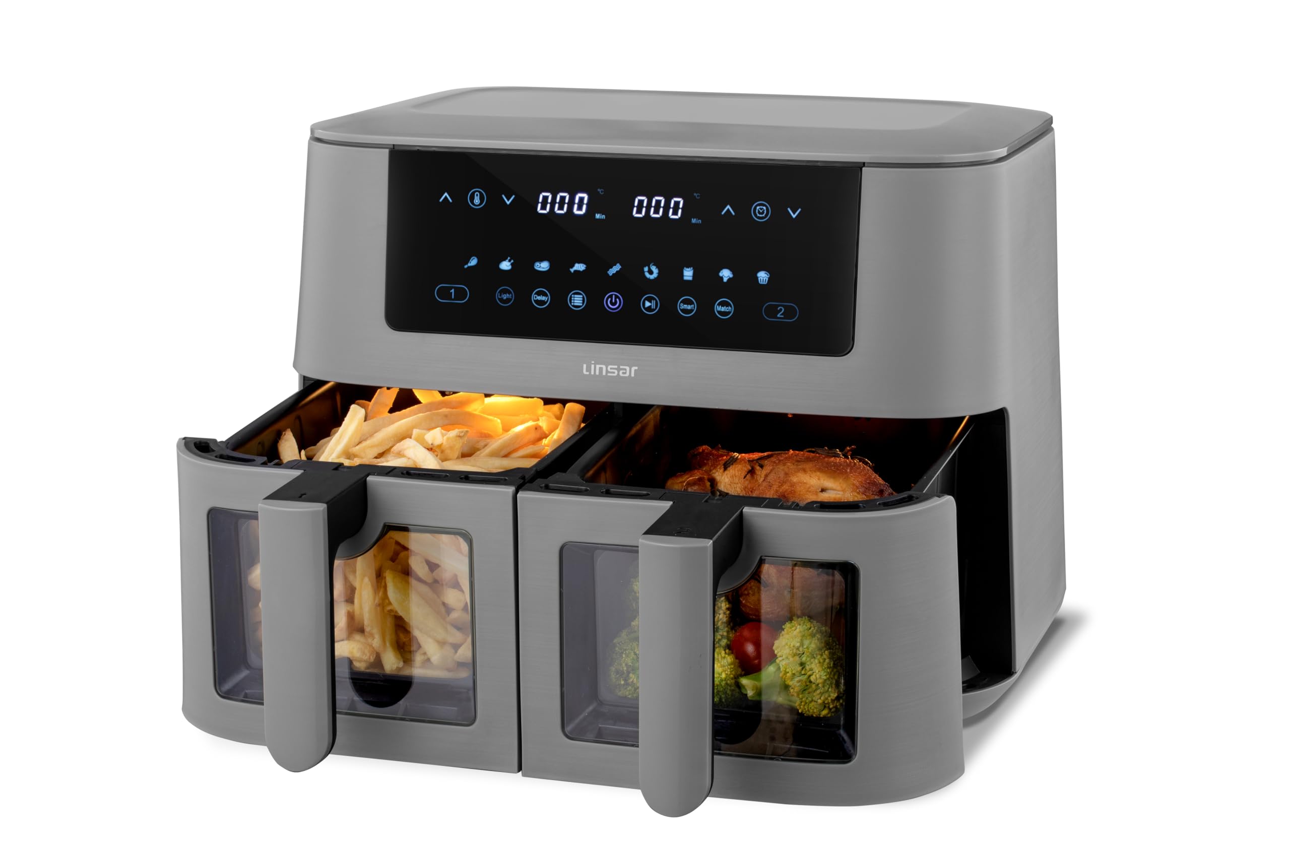 Heißluftfritteuse 2 Kammern, Airfryer mit Sichtfenster, 8L, antihaftbeschichtet, spülmaschinenfeste Körbe, 9 Programme, max. 3000 Watt (Grau)