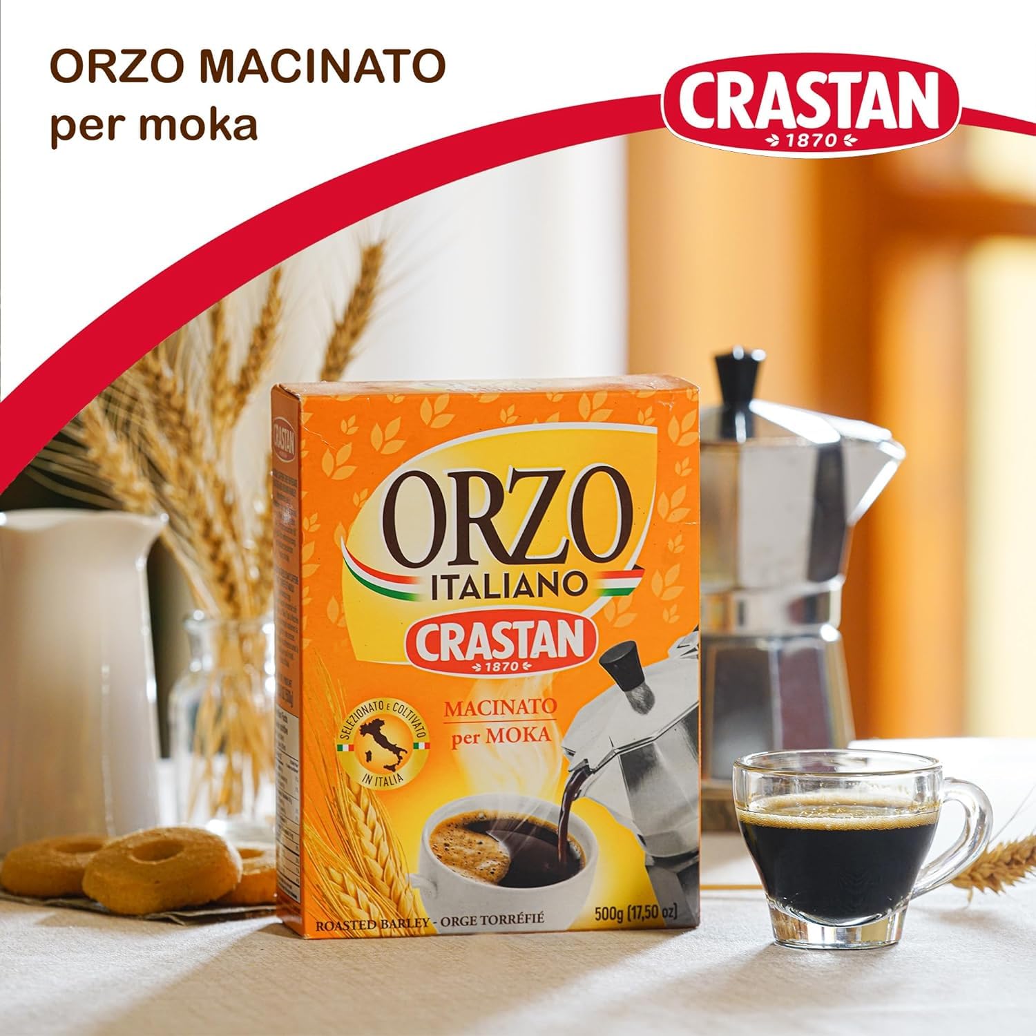 Crastan Orzo moka, Geröstete und gemahlene Gerste für Mokka, Gerste Getreidekaffee Kaffee 6x 500gr + Italian Gourmet polpa 400g
