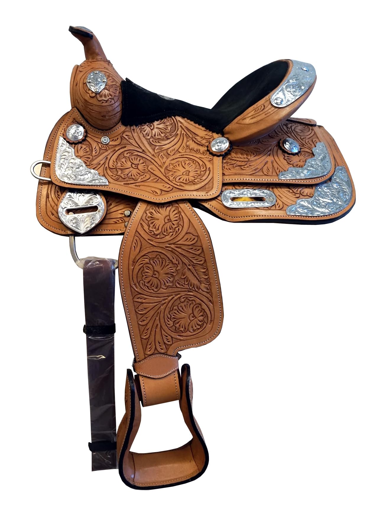 Sella per pony occidentale, completamente attrezzata, in argento, 25,4 cm, 27,9 cm, 30,5 cm, in pelle di colore ad olio, con sedile nero