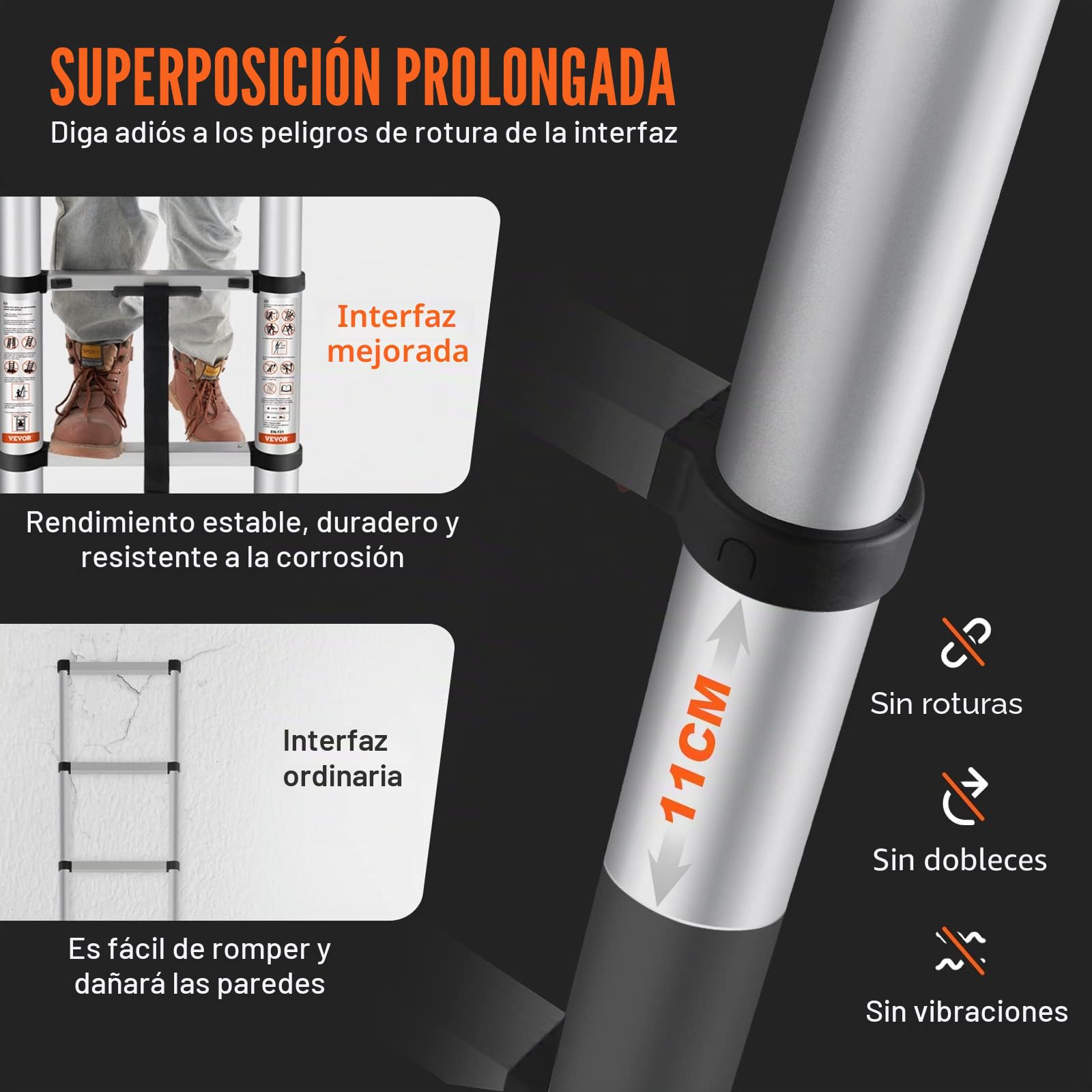 VEVOR Escalera Telescópica de Aluminio Altura de 380cm Escalera de Extensión Plegable Portátil Capacidad de 170kg con Pies Antideslizantes 1 Botón de Retracción para Reparaciones de Hogar Autocaravana