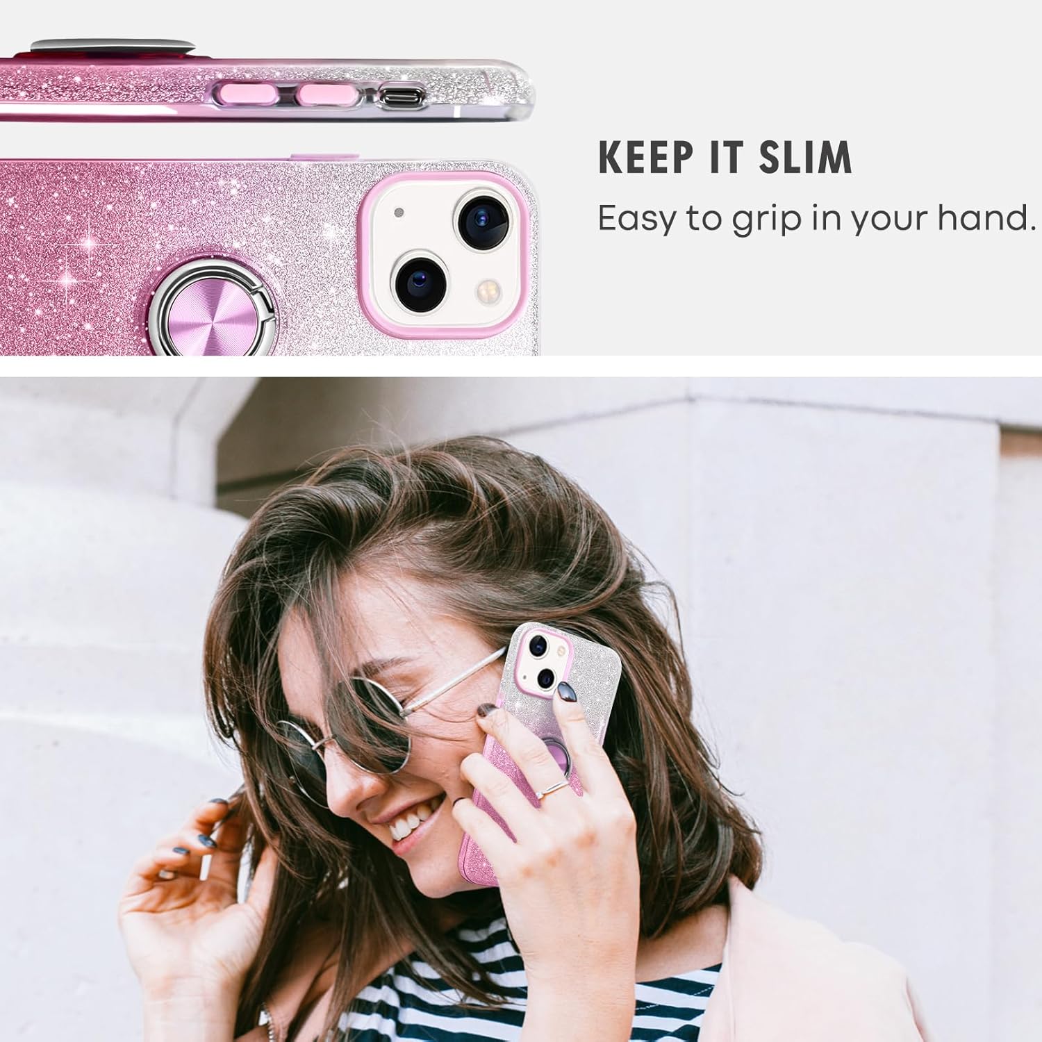 Compatible with 14 Case, 14 Phone Case,Magnetic Car Mount Supported Slim Thin Glitter Sparkle with 360° Ring Holder Kickstand Shockproof Protective Phone Cover for 14 6.1",Gradient Pink - Image 4